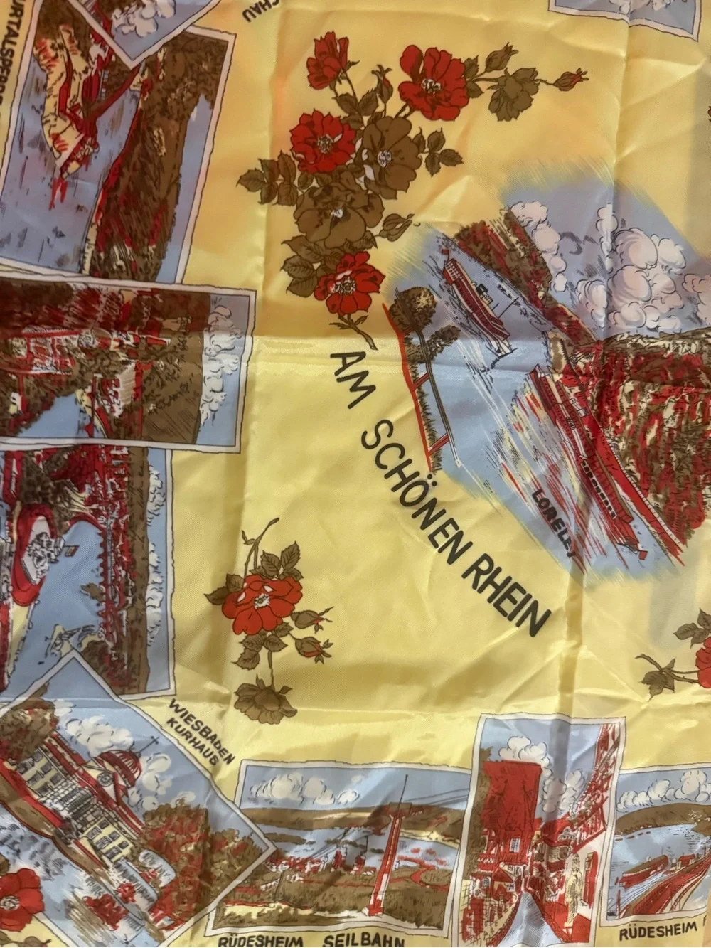 Yellow Scenic Rhine Souvenir Scarf with Red Floral Accents